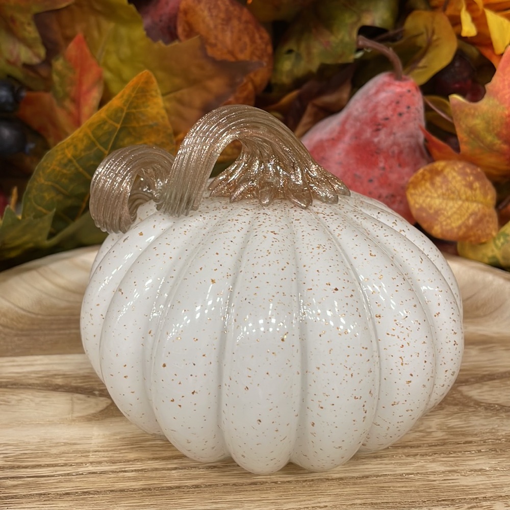 White+Gold Fleck Artisan Hand Blown Glass Fall Harvest Pumpkin Decor - Picture 3 of 5
